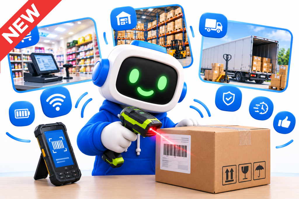 A warehouse worker scans a package barcode with a handheld barcode reader.