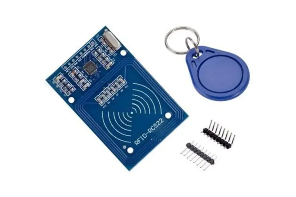 RFID reader module with a blue RFID key fob tag